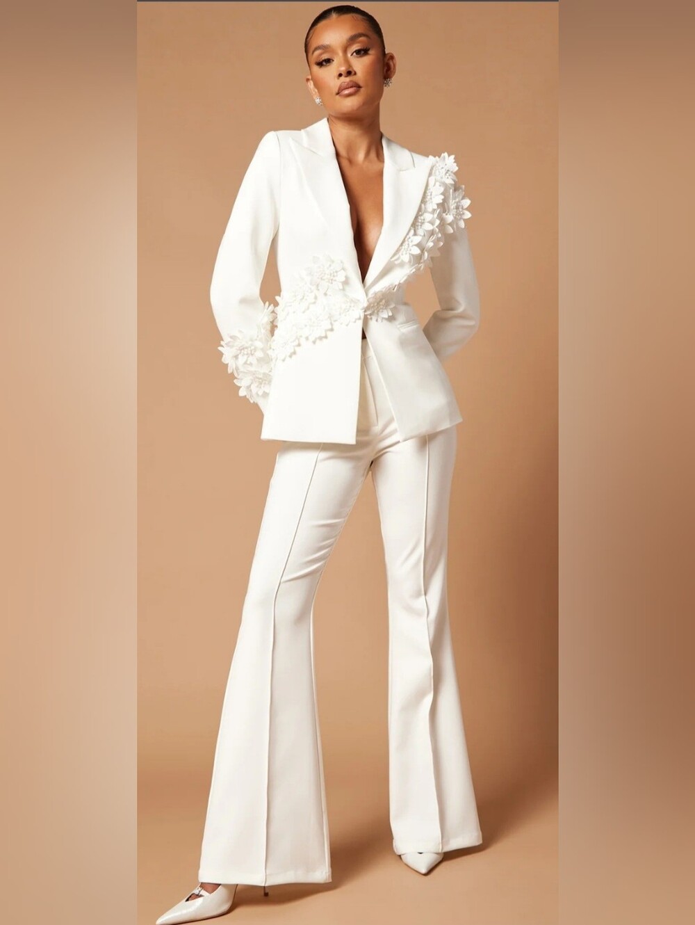 Fashion Nova Ivory Flare Crepe Pantsuit with 3D Floral Detail